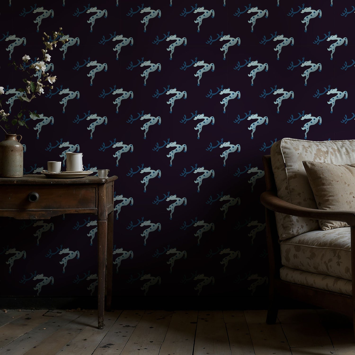 Holiday Herd | Dark Purple & Blue Reindeer Christmas Wallpaper Wallpaper Sckribbles