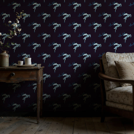 Holiday Herd | Dark Purple & Blue Reindeer Christmas Wallpaper Wallpaper Sckribbles