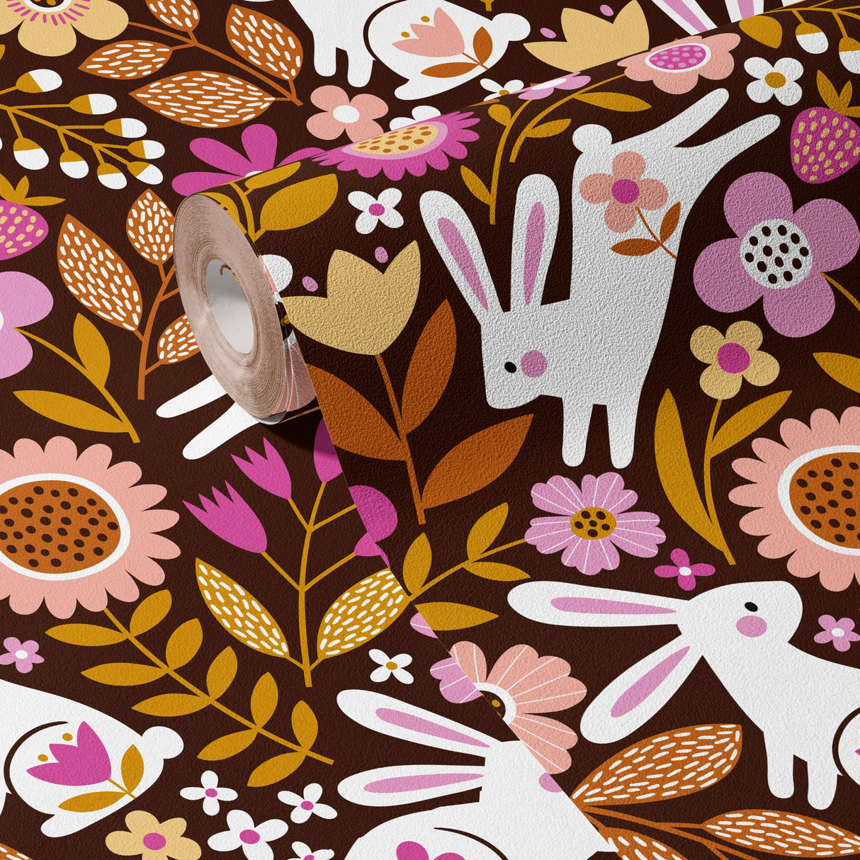 Hoppy Floral | Bright Colorful Floral Retro Rabbit Children's Wallpaper Wallpaper Sckribbles
