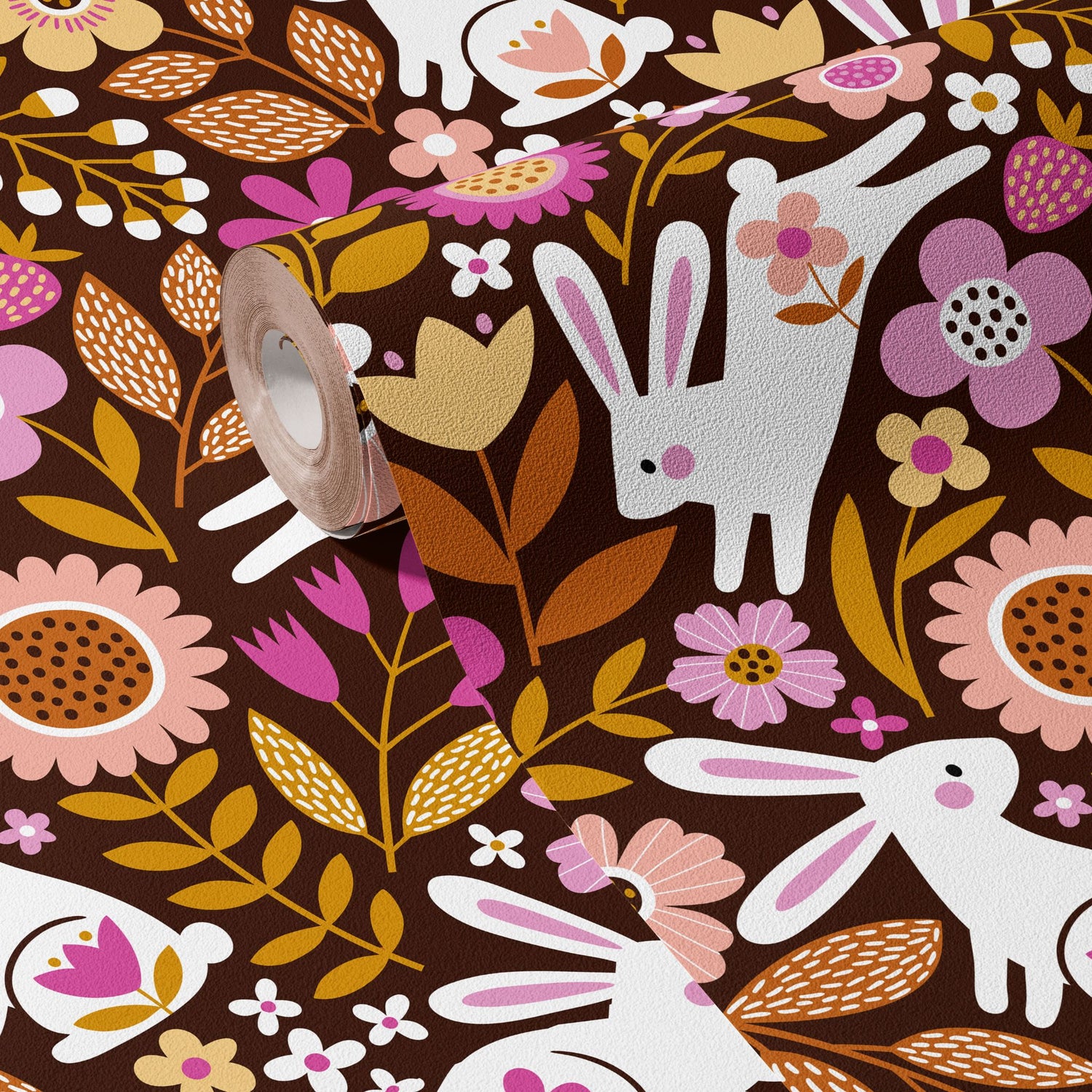 Hoppy Floral | Bright Colorful Floral Retro Rabbit Children's Wallpaper Wallpaper Sckribbles