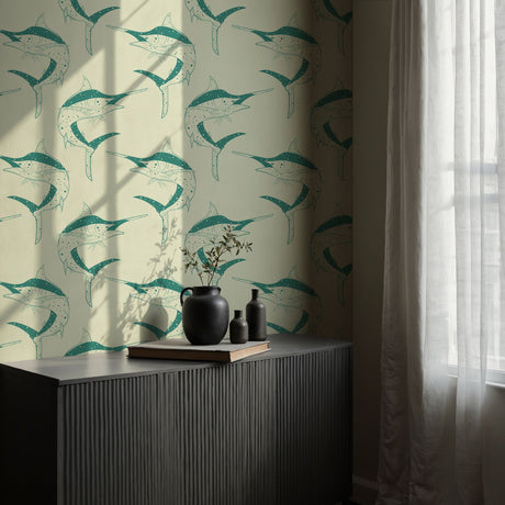 Sword & Sea | Fun Green & Cream Retro Vintage Swordfish Wallpaper Wallpaper Sckribbles
