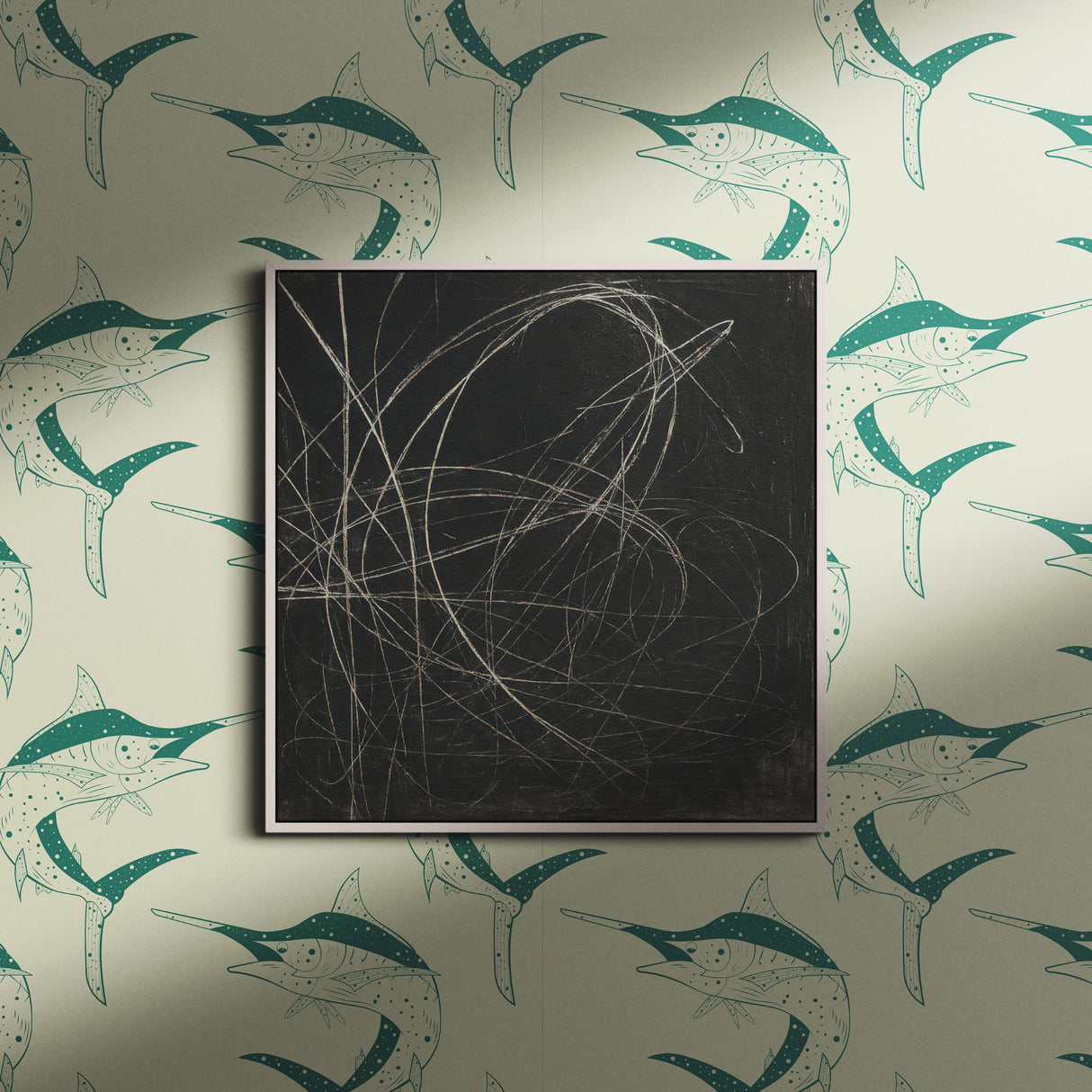 Sword & Sea | Fun Green & Cream Retro Vintage Swordfish Wallpaper Wallpaper Sckribbles