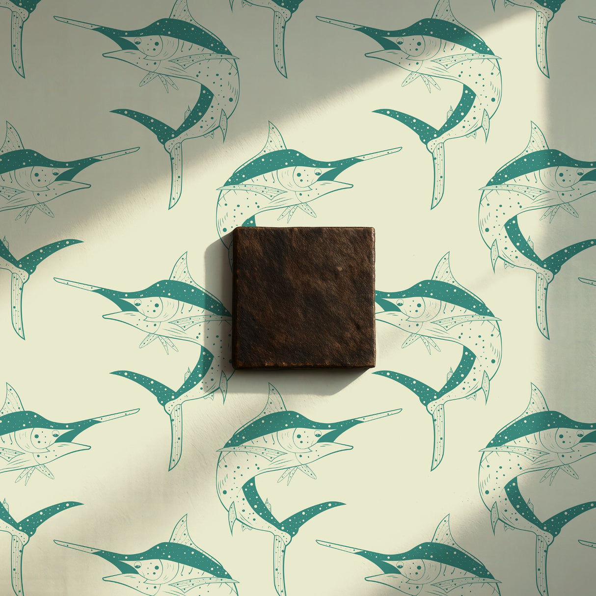 Sword & Sea | Fun Green & Cream Retro Vintage Swordfish Wallpaper Wallpaper Sckribbles