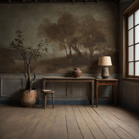 Landschap met bomen | Brown Trees Vintage Scenic Landscape Wallpaper Mural Wallpaper Mural Sckribbles