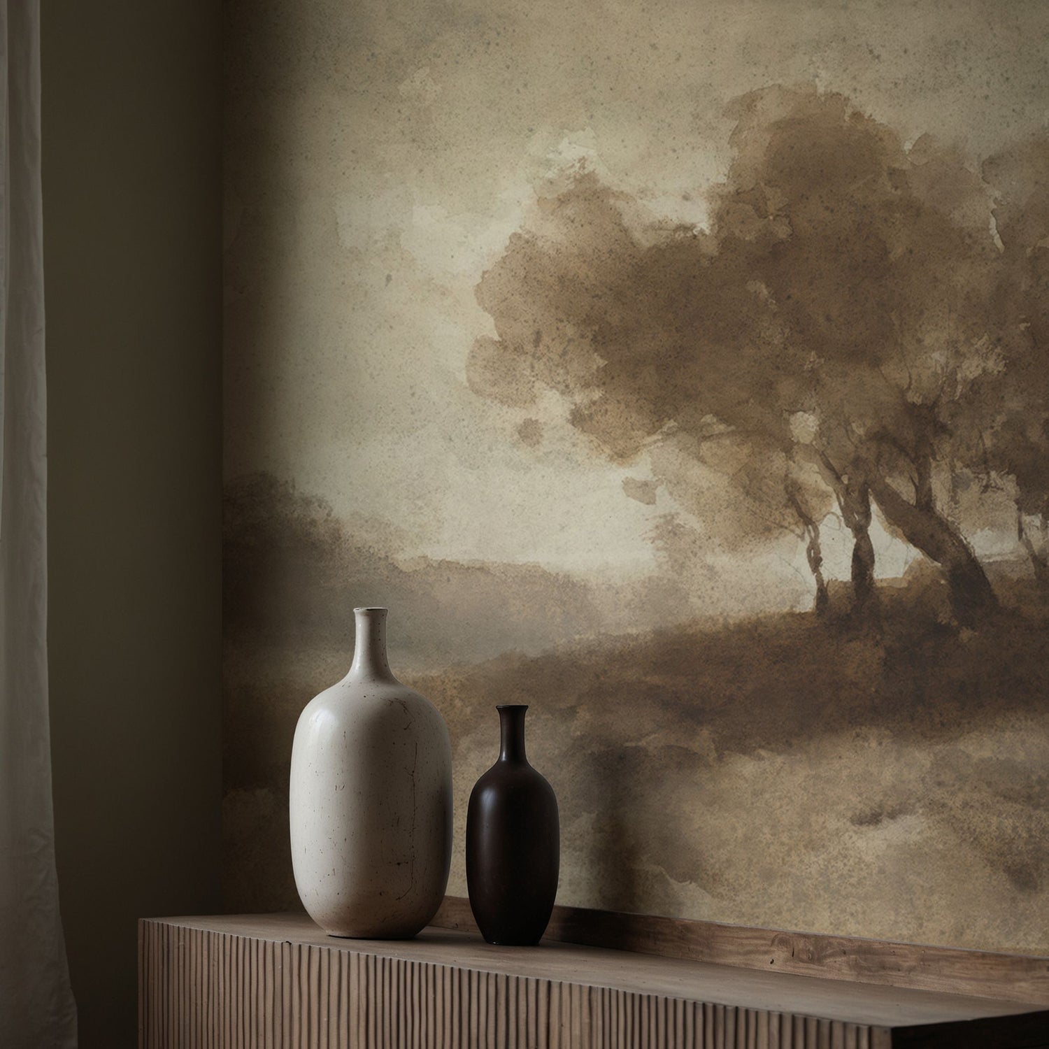 Landschap met bomen | Brown Trees Vintage Scenic Landscape Wallpaper Mural Wallpaper Mural Sckribbles