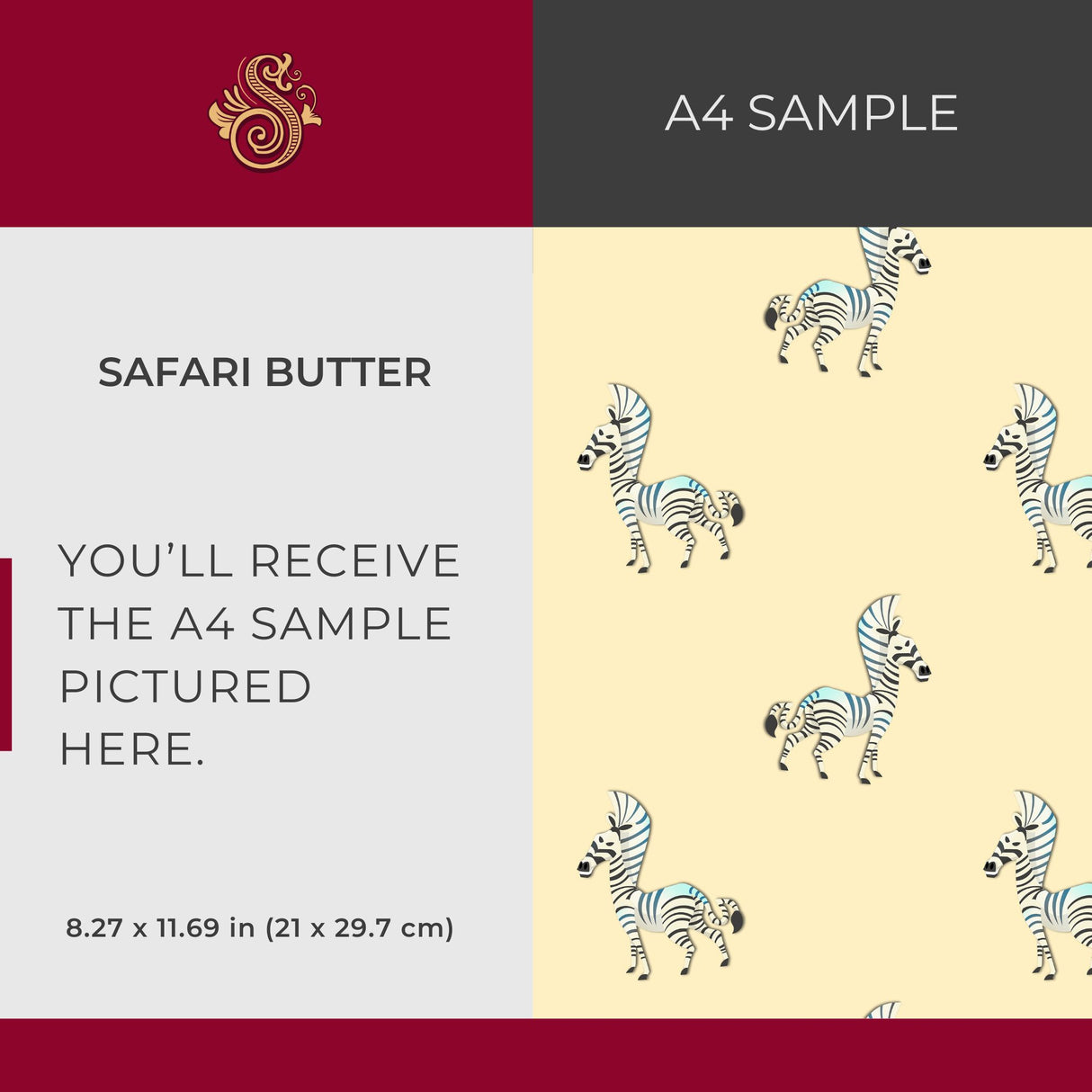 Safari Butter | Light Butter Yellow Zebra Nursery Wallpaper Wallpaper Sckribbles Signature - Premium Non-Woven A4 Sample - 8.3 × 11.7 in (21 × 29.7 cm)