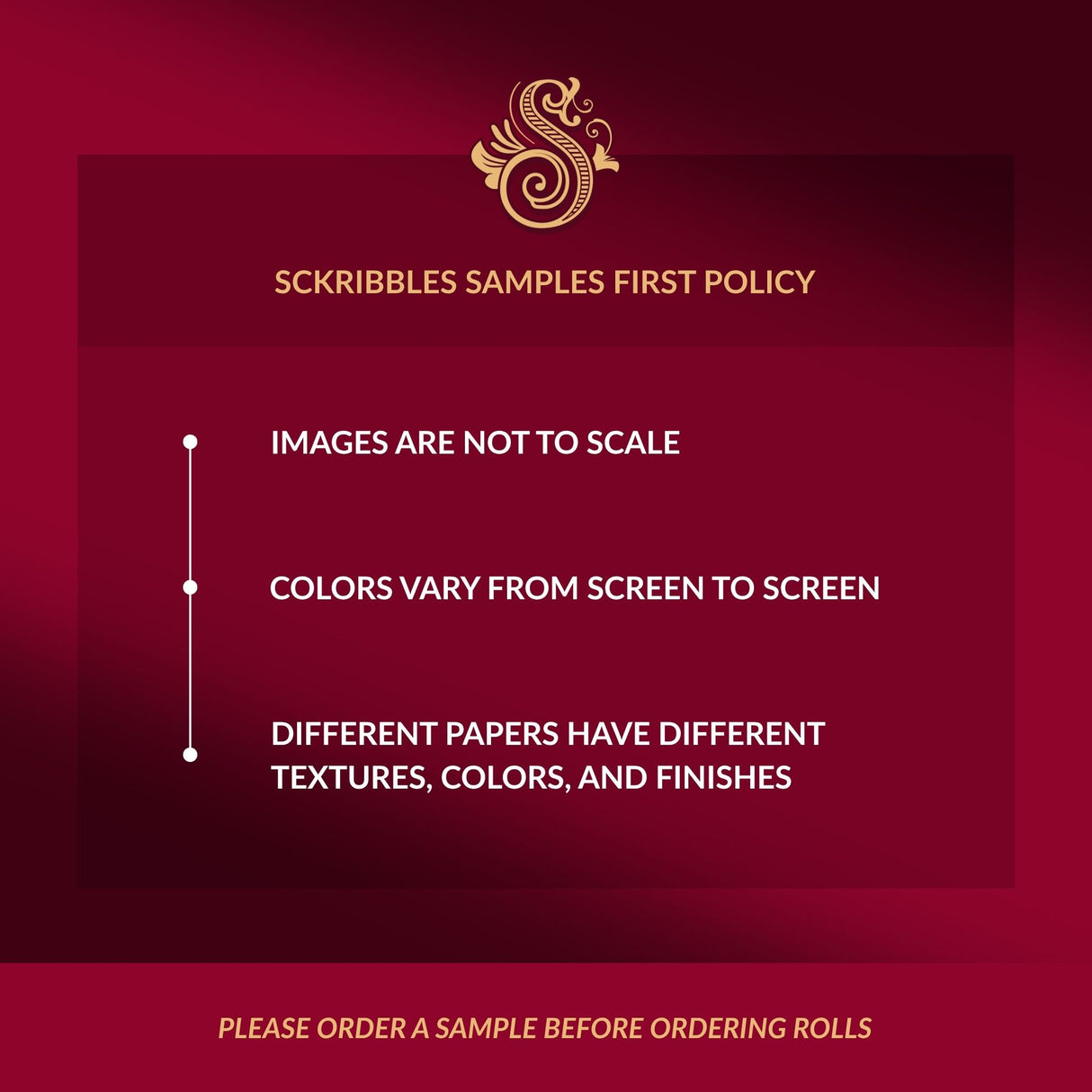 Red background with gold text and Sckribbles logo, displaying sample policy information.