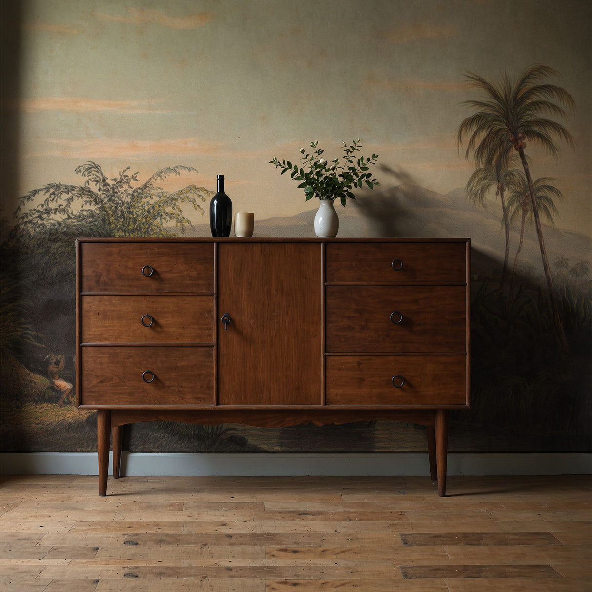 Two Figures | Vintage Scenic Coconut Trees Landscape Wallpaper Mural Wallpaper Mural Sckribbles