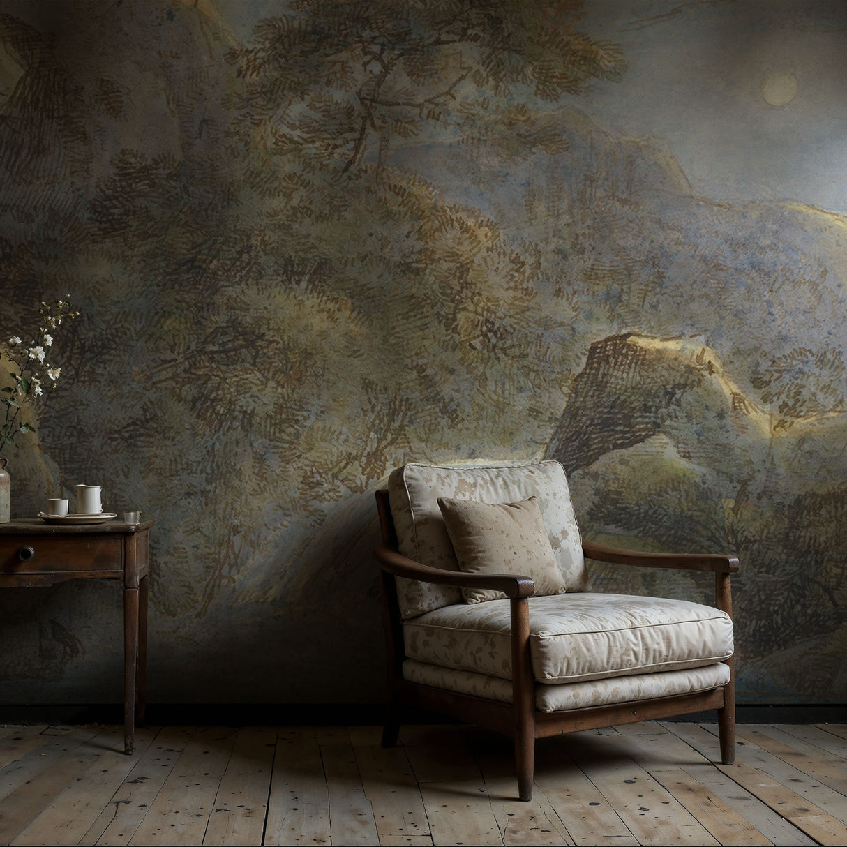 Waterfall in the Mountains by Moonlight | Beautiful Vintage Scenic Landscape Wallpaper Mural Wallpaper Mural Sckribbles