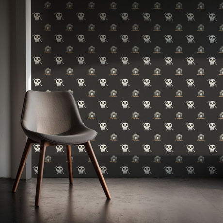 Midnight Bones | Dark Gray Halloween Skull & Grave Wallpaper Wallpaper Sckribbles