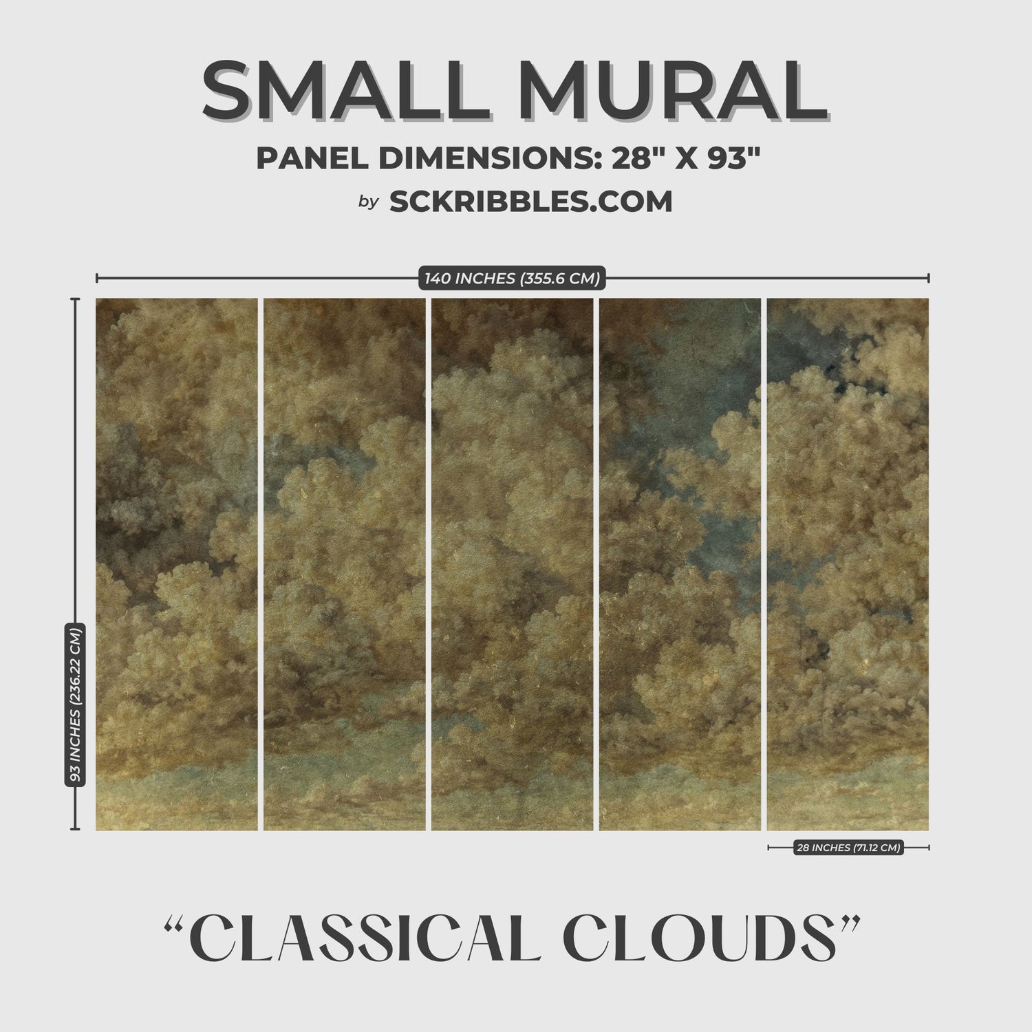 Classical Clouds | Vintage Renaissance Weathered Wallpaper Mural Wallpaper Mural Sckribbles Traditional - (Non-Woven) Small Room Mural - Full Set of Sheets (x5 Panels)