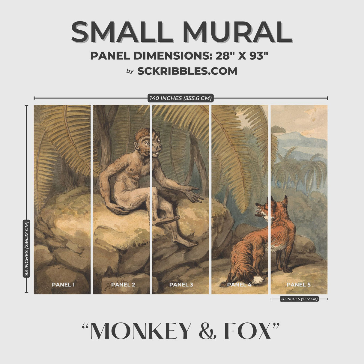 Monkey & Fox | Vintage Muted Rustic Tropical Animal Wallpaper Mural Wallpaper Mural Sckribbles
