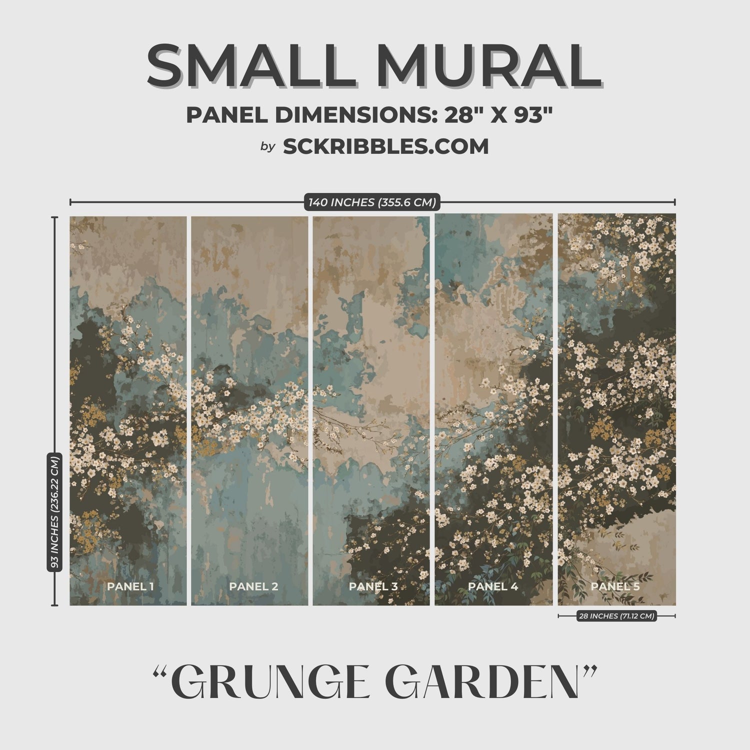 Grunge Garden | Weathered Rustic Floral Wallpaper Mural Wallpaper Mural Sckribbles Traditional - (Non-Woven) Small Room Mural - Full Set of Sheets (x5 Panels)