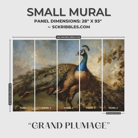 Grand Plumage | Scenic Peacock Vintage Landscape Wallpaper Mural Wallpaper Mural Sckribbles Traditional - (Non-Woven) Small Room Mural - Full Set of Sheets (x5 Panels)