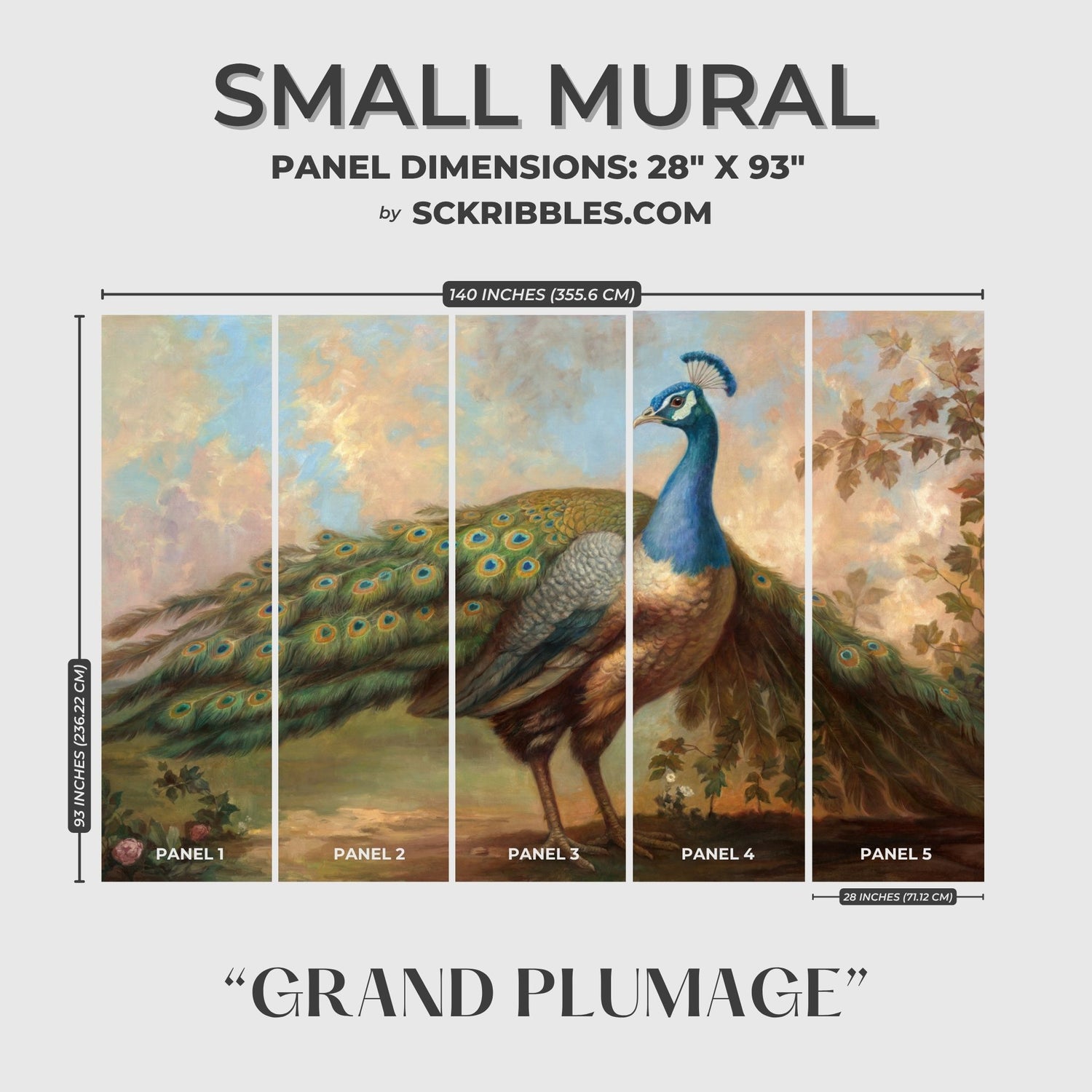 Grand Plumage | Scenic Peacock Vintage Landscape Wallpaper Mural Wallpaper Mural Sckribbles Traditional - (Non-Woven) Small Mural (5 Panels)