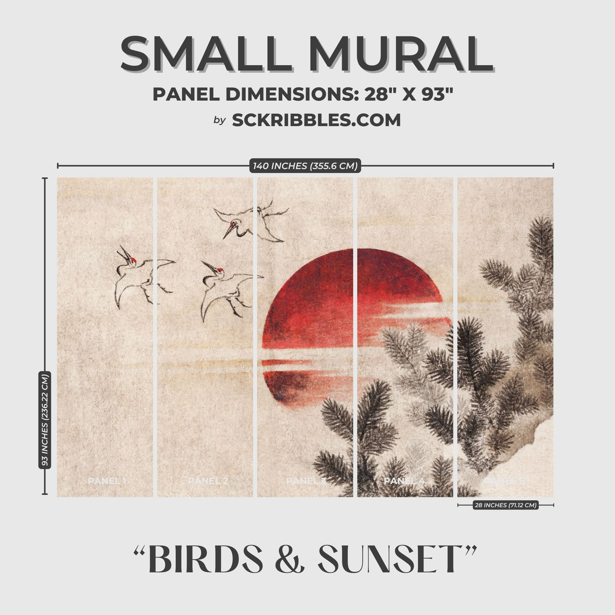Birds & Sunset | Vintage Red, Black, and Beige Japanese Wallpaper Mural Wallpaper Mural Sckribbles