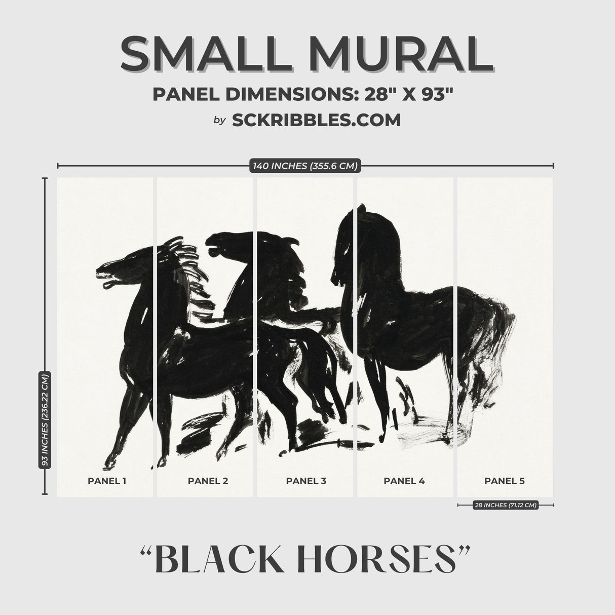 Black Horses | Bold Dramatic Black & White Wallpaper Mural Wallpaper Mural Sckribbles