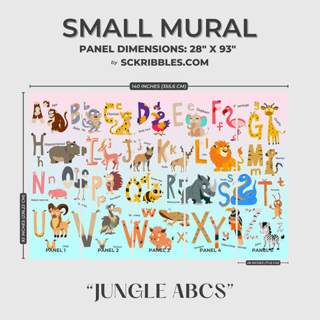 Jungle ABCs | Children's Animal Alphabet Educational Wallpaper Mural Wallpaper Mural Sckribbles Traditional - (Non-Woven) Small Room Mural - Full Set of Sheets (x5 Panels)