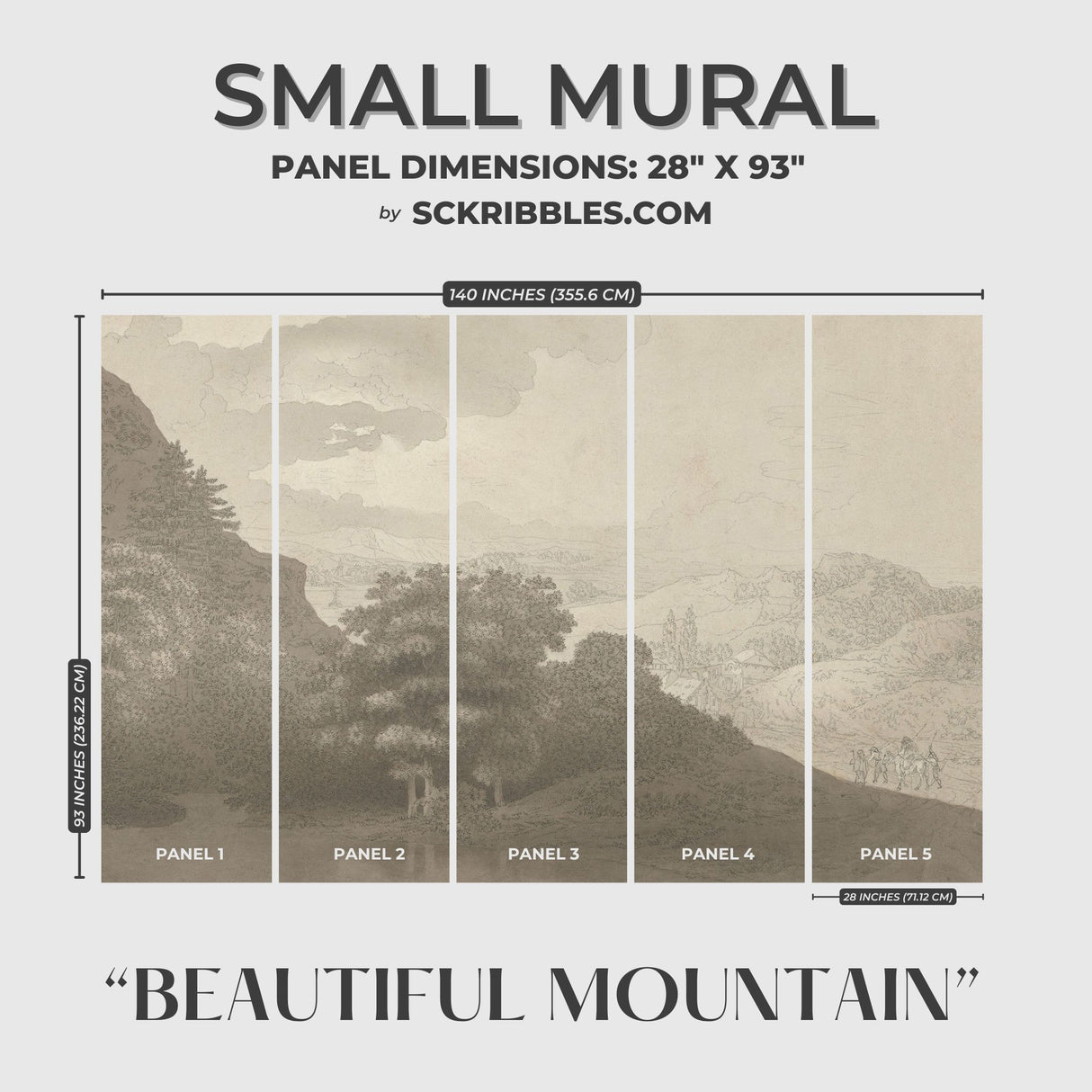 Beautiful Mountains | European Scenic Trees Landscape Wallpaper Mural Wallpaper Mural Sckribbles Traditional - (Non-Woven) Small Room Mural - Full Set of Sheets (x5 Panels)