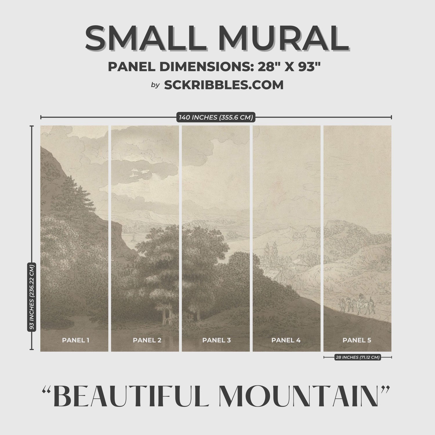 Beautiful Mountains | European Scenic Trees Landscape Wallpaper Mural Wallpaper Mural Sckribbles Traditional - (Non-Woven) Small Room Mural - Full Set of Sheets (x5 Panels)
