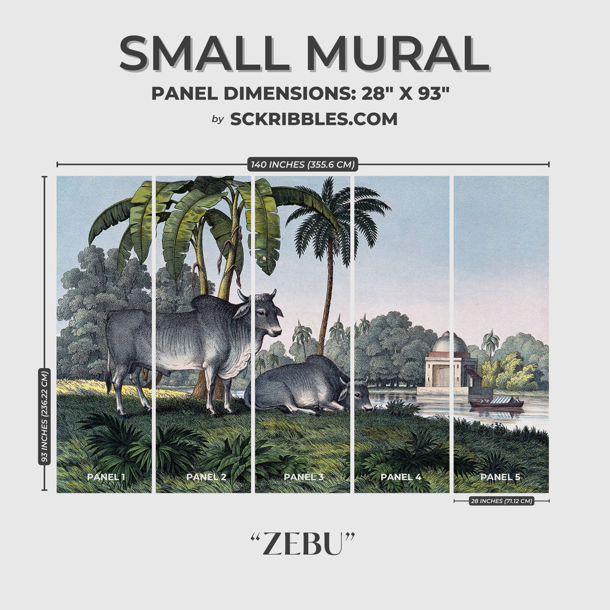 Zebu | Scenic Tropical Palm Trees with Cattle Wallpaper Mural Wallpaper Mural Sckribbles