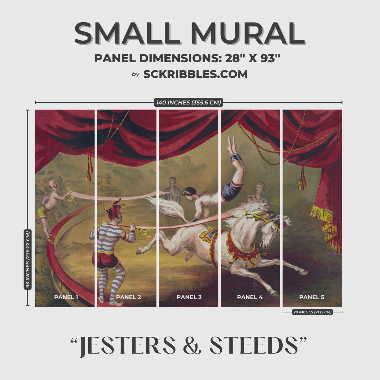 Jesters & Steeds | Playful Vintage Circus Horses Wallpaper Mural Wallpaper Mural Sckribbles Traditional - (Non-Woven) Small Mural (5 Panels)