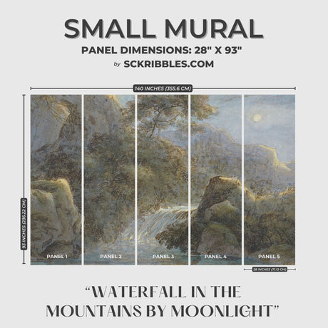 Waterfall in the Mountains by Moonlight | Beautiful Vintage Scenic Landscape Wallpaper Mural Wallpaper Mural Sckribbles