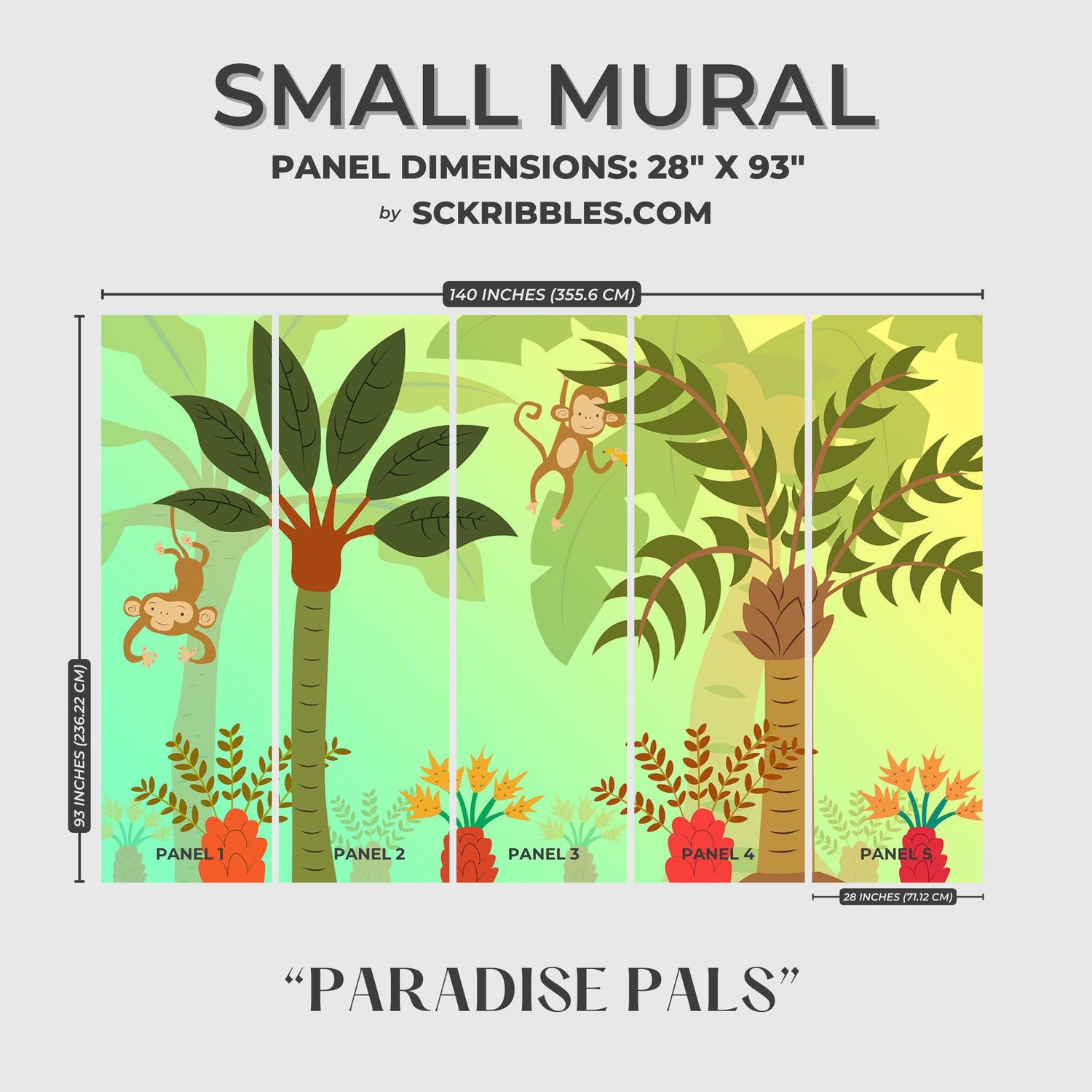Paradise Pals | Bright Children's Tropical Monkey Wallpaper Mural Wallpaper Mural Sckribbles Traditional - (Non-Woven) Small Room Mural - Full Set of Sheets (x5 Panels)