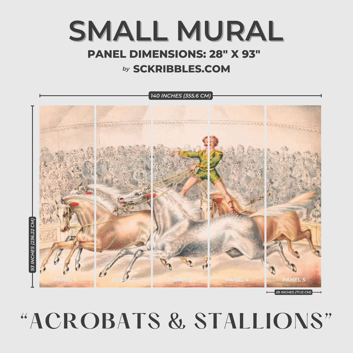 Acrobats & Stallions | Fun Vintage Circus Horses Wallpaper Mural Wallpaper Mural Sckribbles Traditional - (Non-Woven) Small Mural (5 Panels)