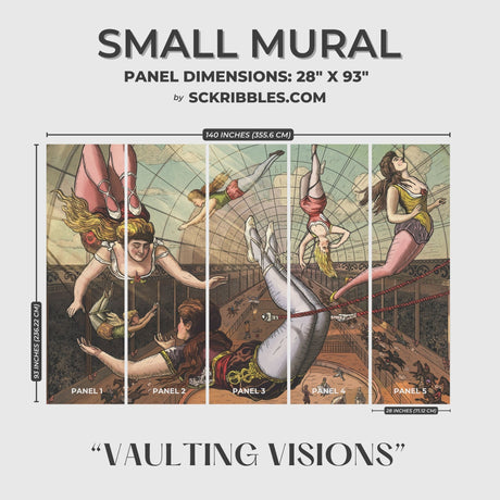 Vaulting Visions | Vintage Circus Acrobats Whimsical Wallpaper Mural Wallpaper Mural Sckribbles Traditional - (Non-Woven) Small Room Mural - Full Set of Sheets (x5 Panels)