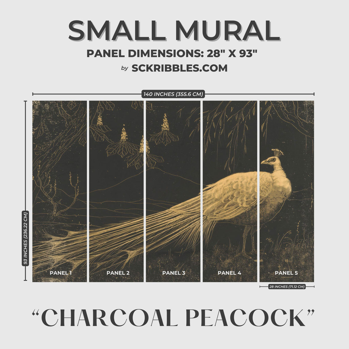 Charcoal Peacock | Dark Moody Vintage Bird Wallpaper Mural Wallpaper Mural Sckribbles