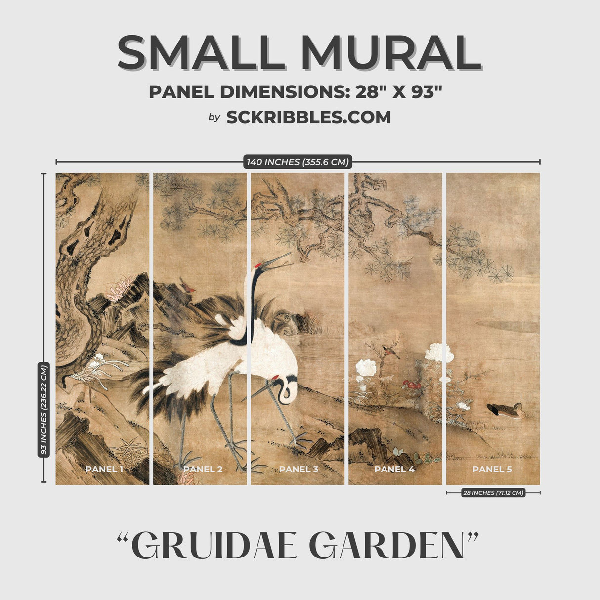 Gruidae Garden | Vintage Antique Japanese Cranes Wallpaper Mural Wallpaper Mural Sckribbles