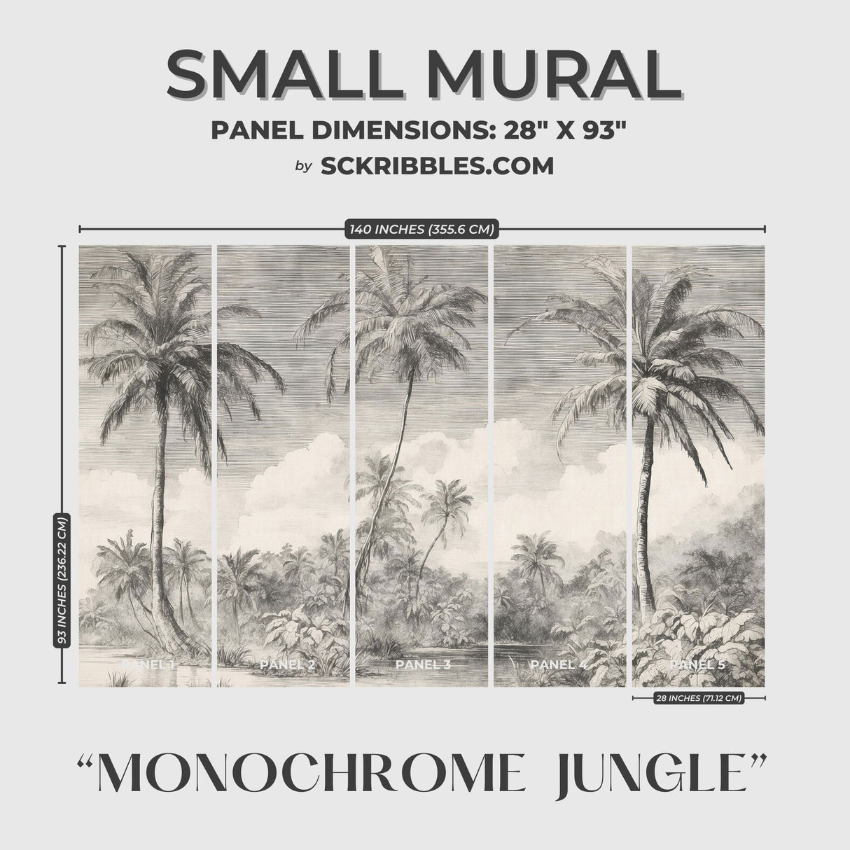 Monochrome Jungle | Gray Palm Trees Tropical Wallpaper Mural Wallpaper Mural Sckribbles