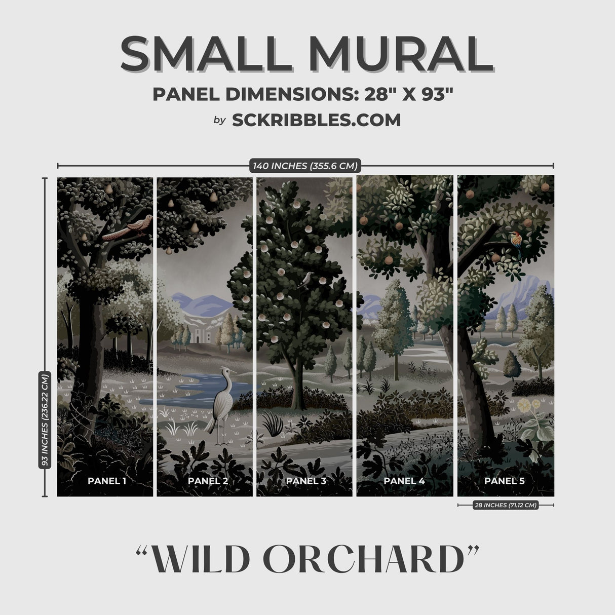 Wild Orchard | Moody Scenic Fruit Trees Landscape Wallpaper Mural Wallpaper Mural Sckribbles Traditional - (Non-Woven) Small Room Mural - Full Set of Sheets (x5 Panels)