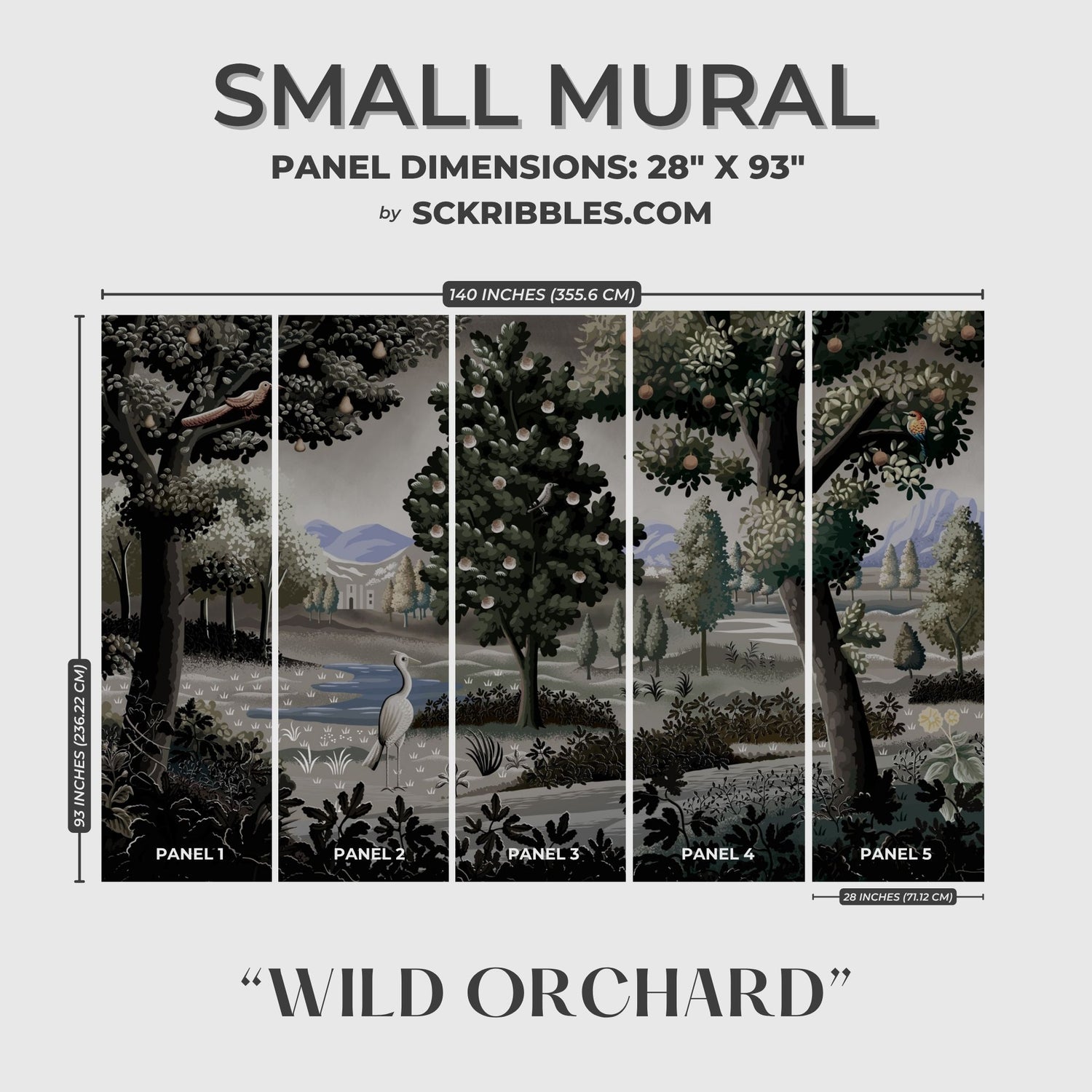 Wild Orchard | Moody Scenic Fruit Trees Landscape Wallpaper Mural Wallpaper Mural Sckribbles Traditional - (Non-Woven) Small Room Mural - Full Set of Sheets (x5 Panels)