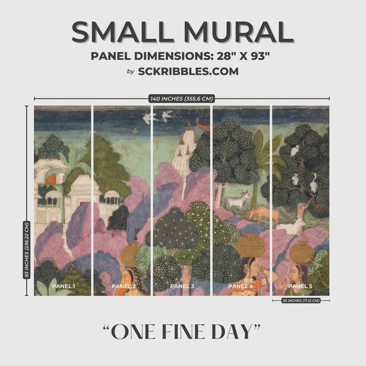 One Fine Day | Colorful Traditional Indian Landscape Wallpaper Mural Wallpaper Mural Sckribbles Traditional - (Non-Woven) Small Room Mural - Full Set of Sheets (x5 Panels)