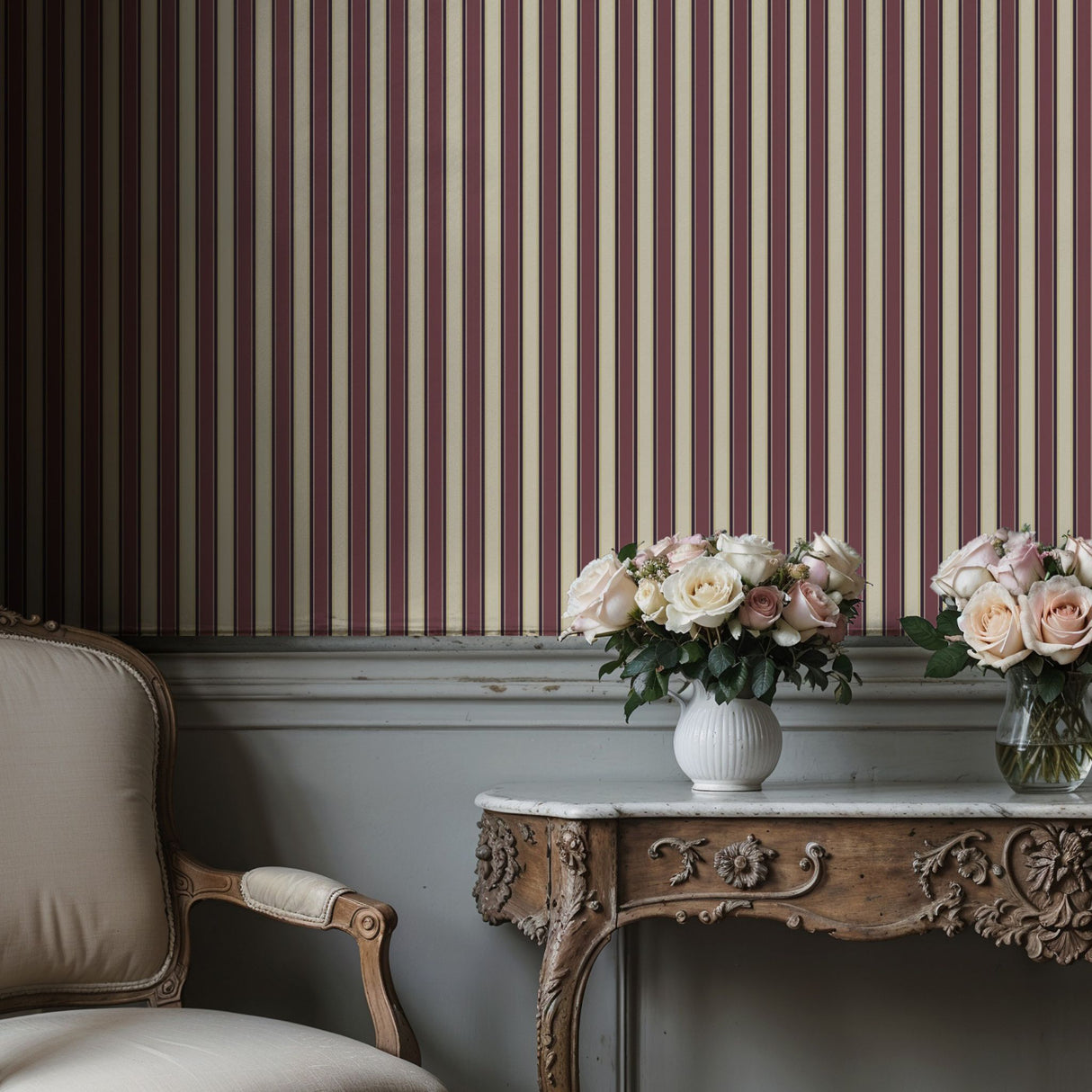 Regal Stripes | Sophisticated Classic Mauve & Cream Striped Wallpaper Wallpaper Sckribbles