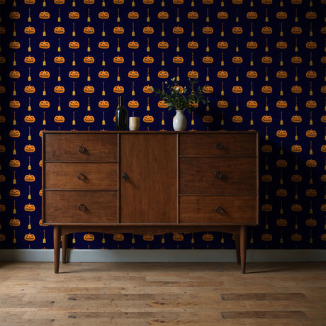 The Witch's Crop | Dark Spooky Pumpkin & Broomstick Halloween Wallpaper Wallpaper Sckribbles
