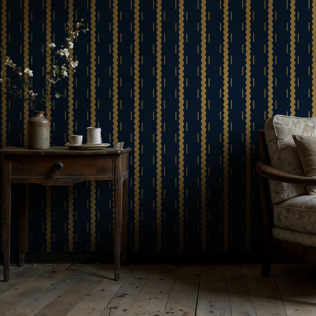 Ripple & Stripe | Dark Navy Blue Wavy Striped Wallpaper Wallpaper Sckribbles