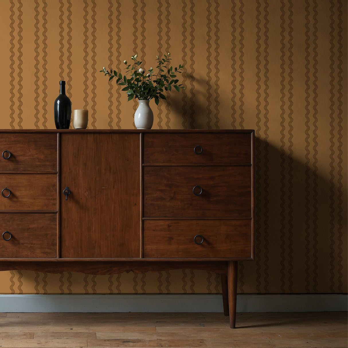 Rolling Rhythm | Caramel Brown & Black Wavy Vertical Striped Wallpaper Wallpaper Sckribbles