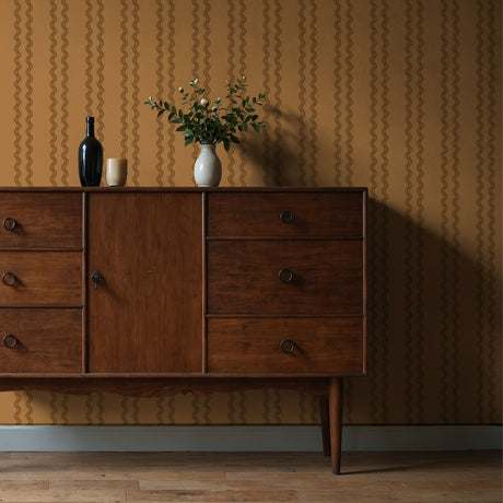 Rolling Rhythm | Caramel Brown & Black Wavy Vertical Striped Wallpaper Wallpaper Sckribbles