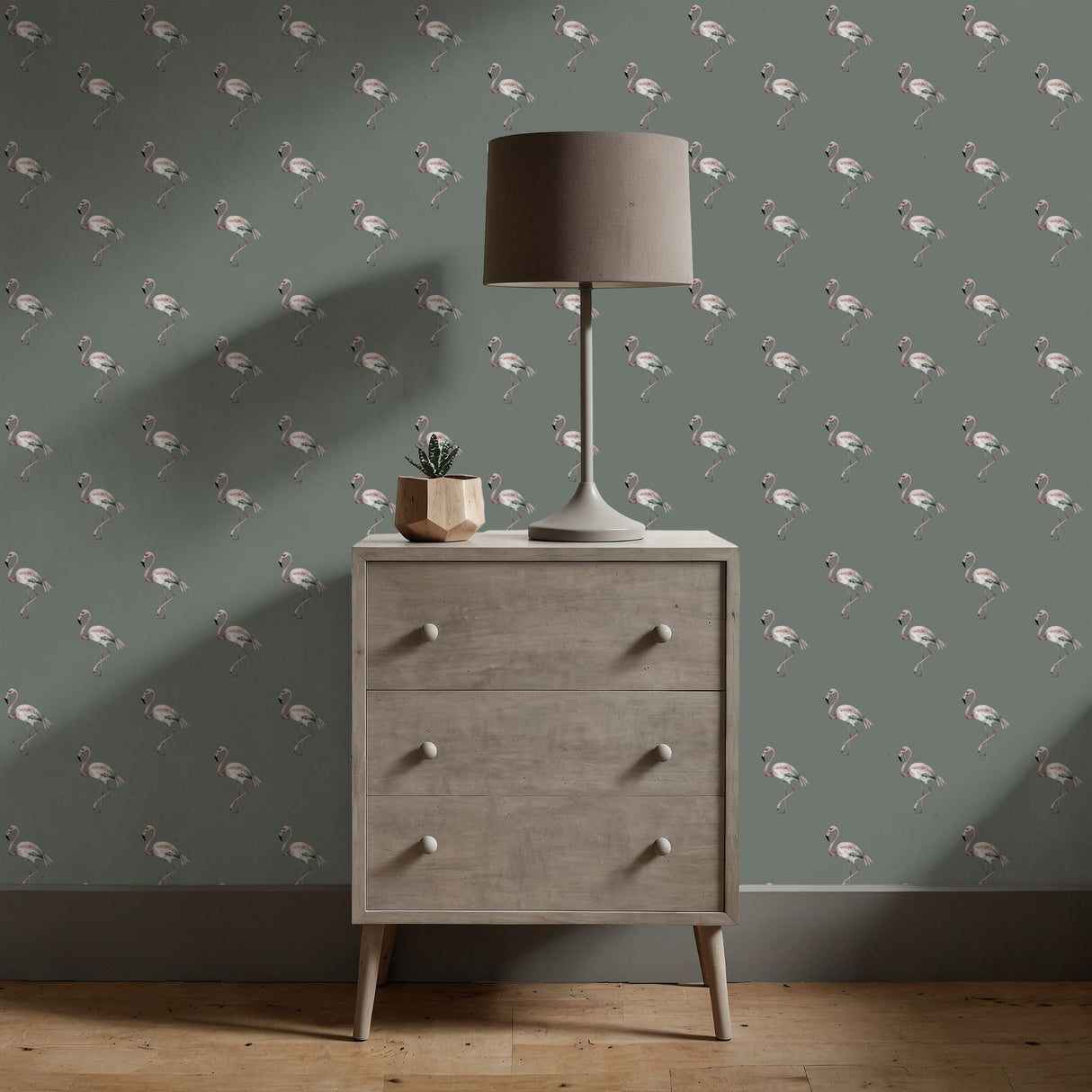 Tropical Tots | Gender-Neutral Green Flamingo Nursery Wallpaper Wallpaper Sckribbles
