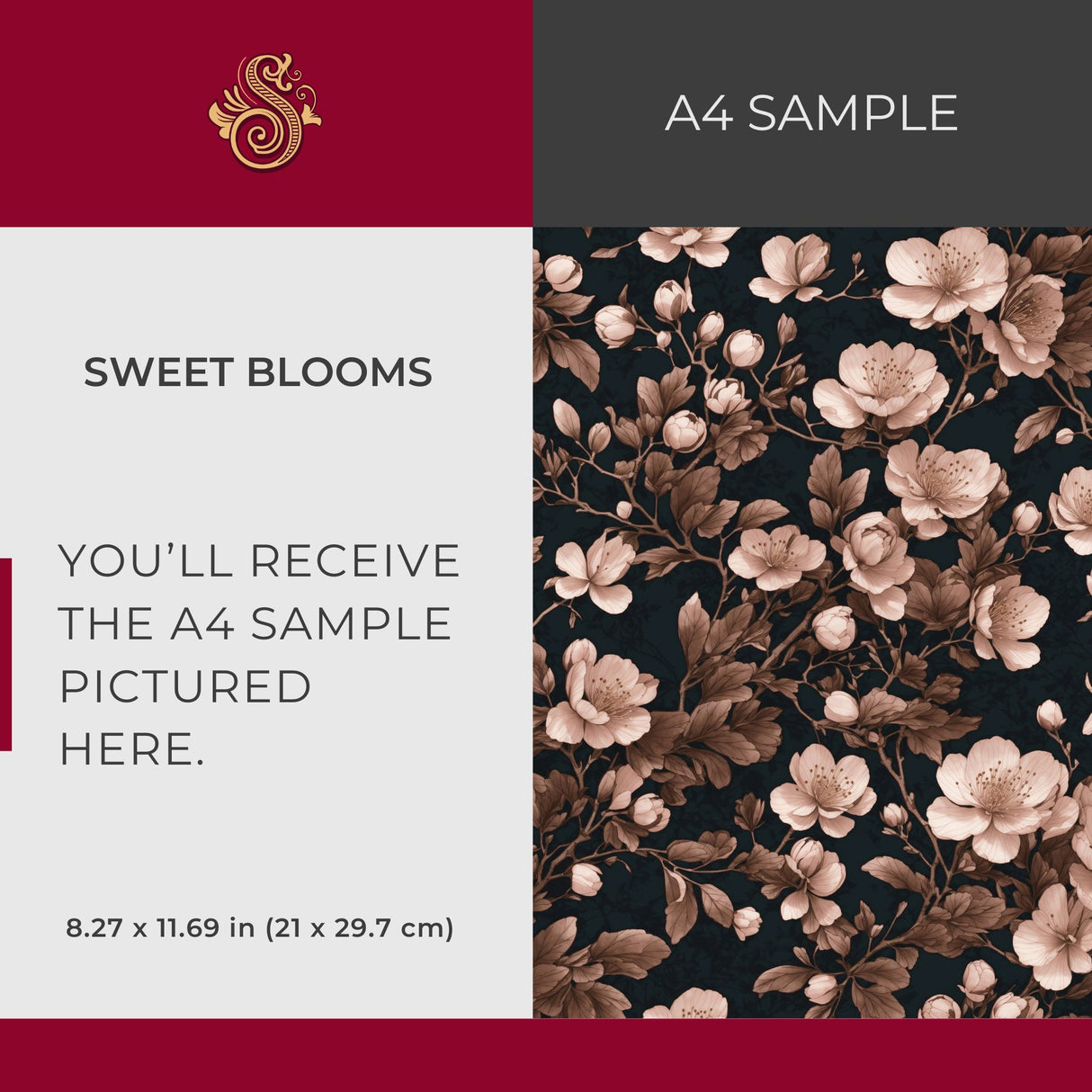 Sweet Blooms | Pink & Black Chinoiserie Cherry Blossom Wallpaper Wallpaper Sckribbles Signature - Premium Non-Woven A4 Sample - 8.3 × 11.7 in (21 × 29.7 cm)