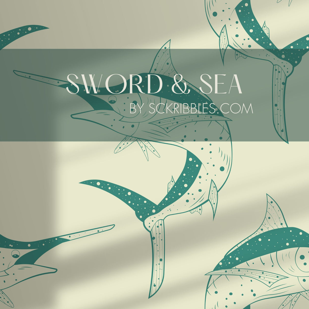 Sword & Sea | Fun Green & Cream Retro Vintage Swordfish Wallpaper Wallpaper Sckribbles