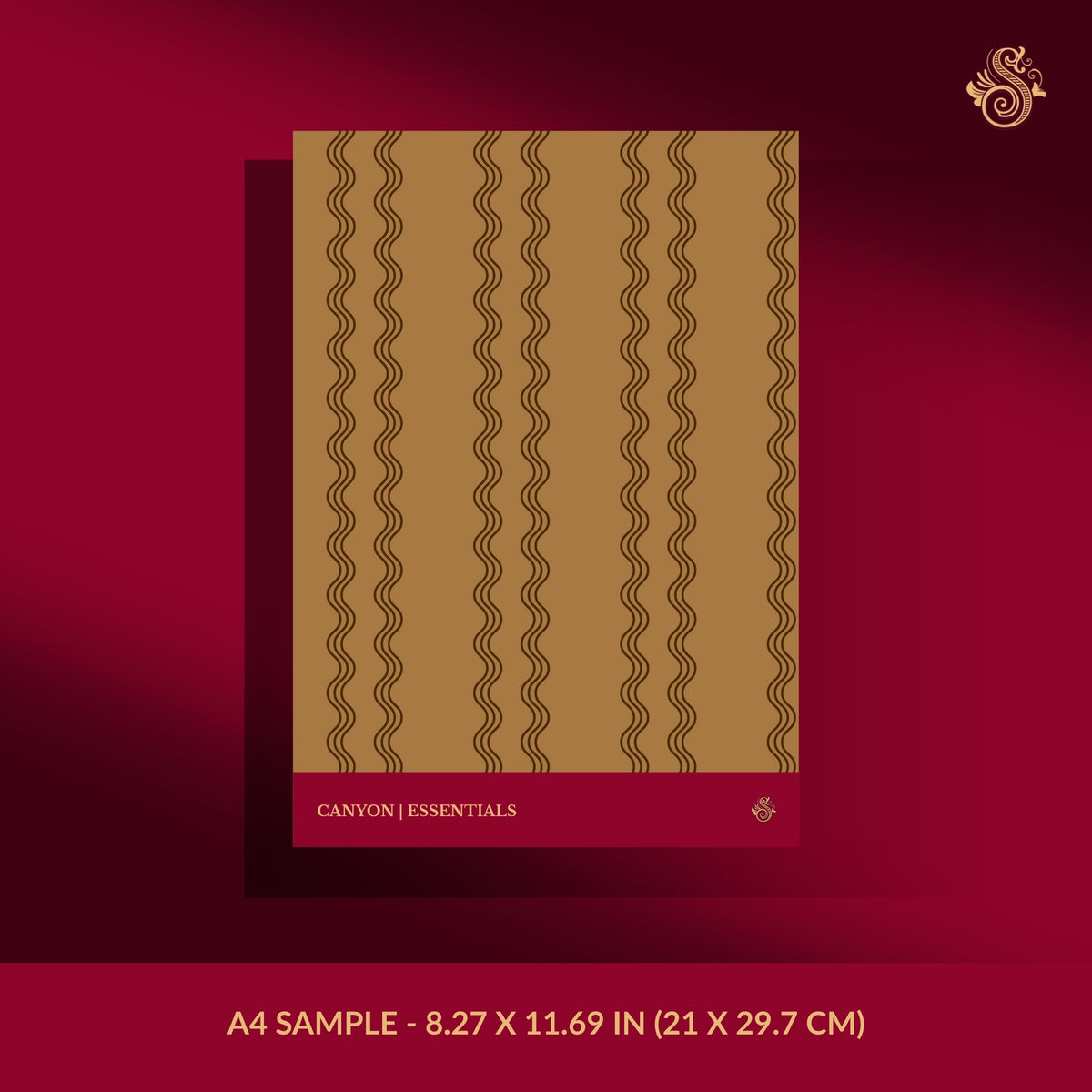 A terracotta brown wavy striped wallpaper sample.