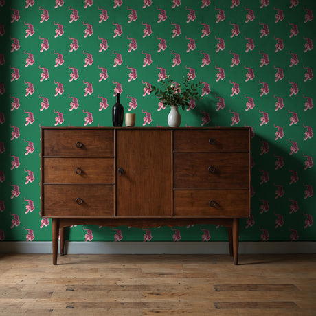 Paradise Prowl | Bright Green & Pink Maximalist Tiger Wallpaper Wallpaper Sckribbles