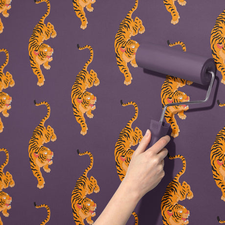 Vivid Tigress | Bold Orange & Purple Maximalist Tiger Wallpaper Wallpaper Sckribbles