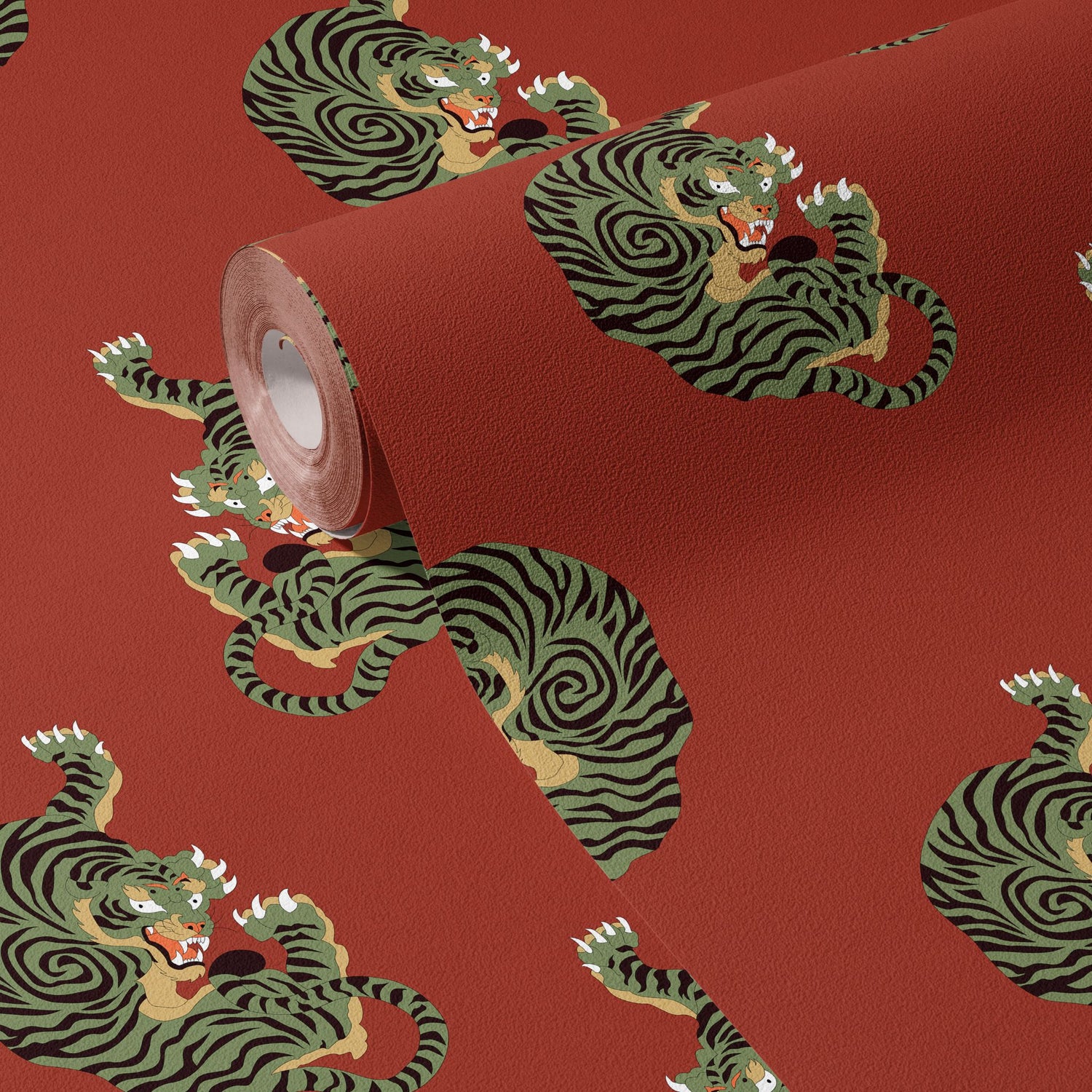 Wild Blaze | Bright Red & Green Maximalist Tiger Wallpaper Wallpaper Sckribbles