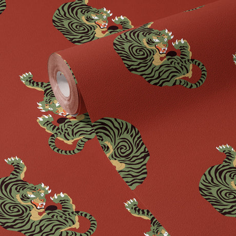 Wild Blaze | Bright Red & Green Maximalist Tiger Wallpaper Wallpaper Sckribbles
