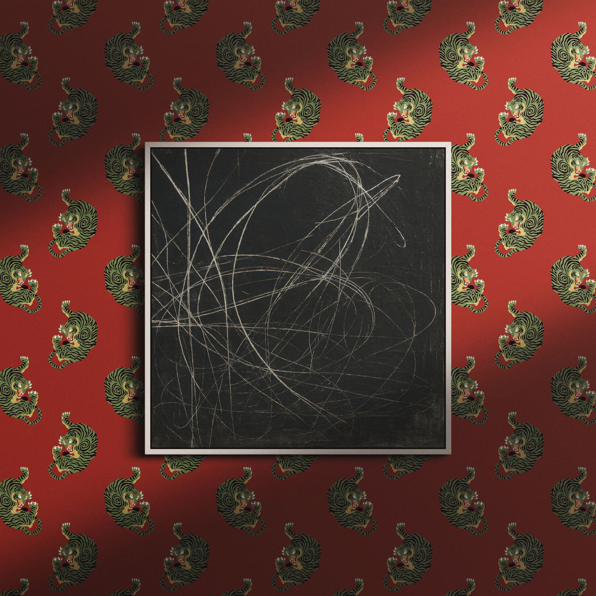 Wild Blaze | Bright Red & Green Maximalist Tiger Wallpaper Wallpaper Sckribbles